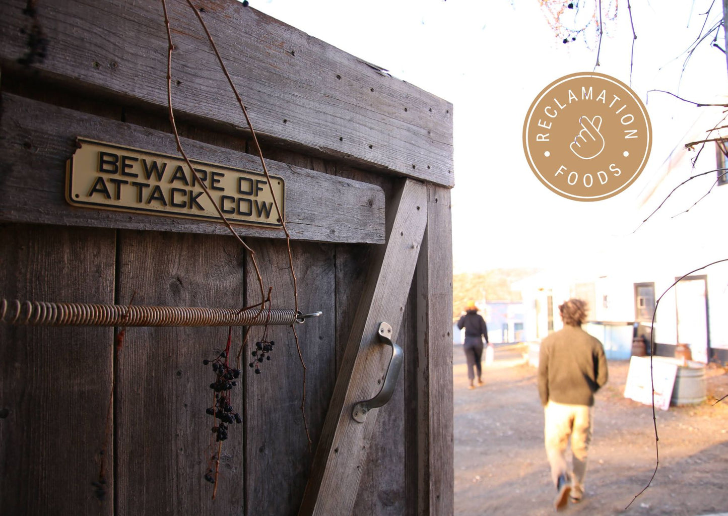 Door with sign posted "Beware of attack cow"