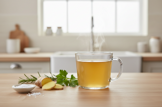 steaming bone broth in a cup next to ginger and salt