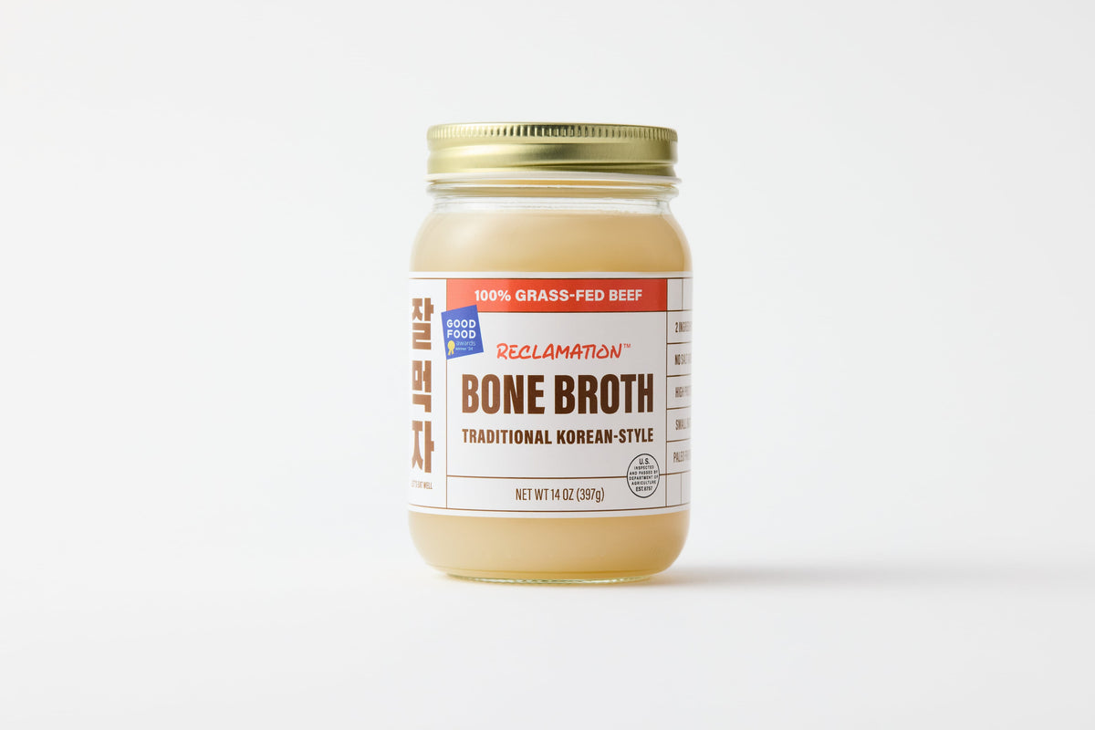 Jar of Reclamation Korean-Style Beef Bone Broth on a white background