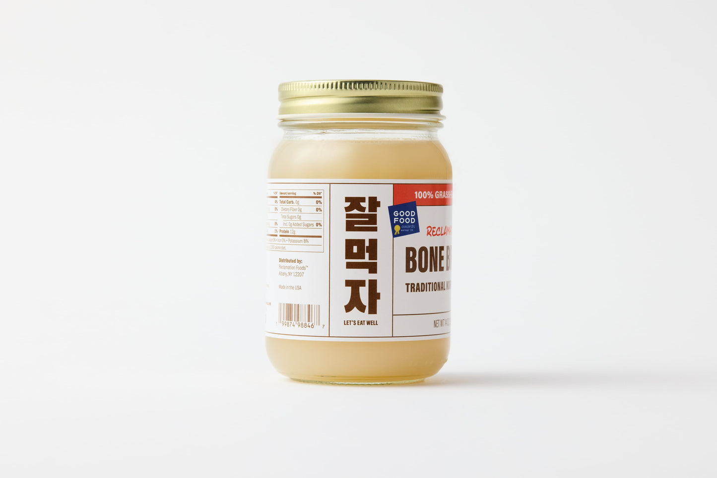 Sideview of jar of Reclamation Korean-Style Beef Bone Broth on a white background