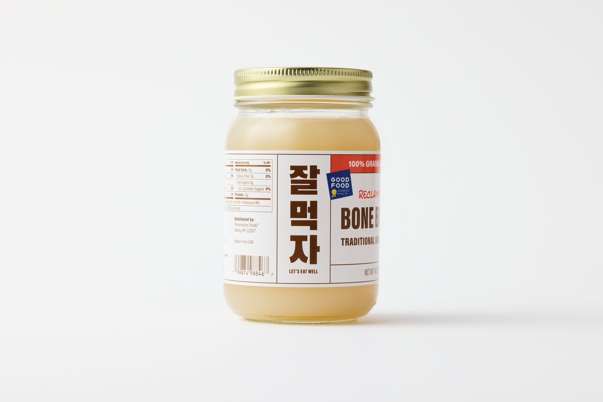 Sideview of jar of Reclamation Korean-Style Beef Bone Broth on a white background