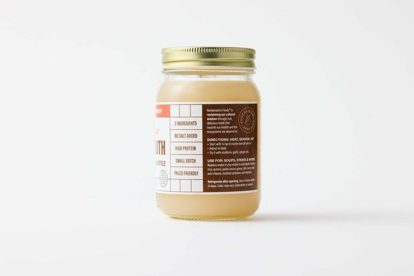 Second sideview of jar of Reclamation Korean-Style Beef Bone Broth on a white background