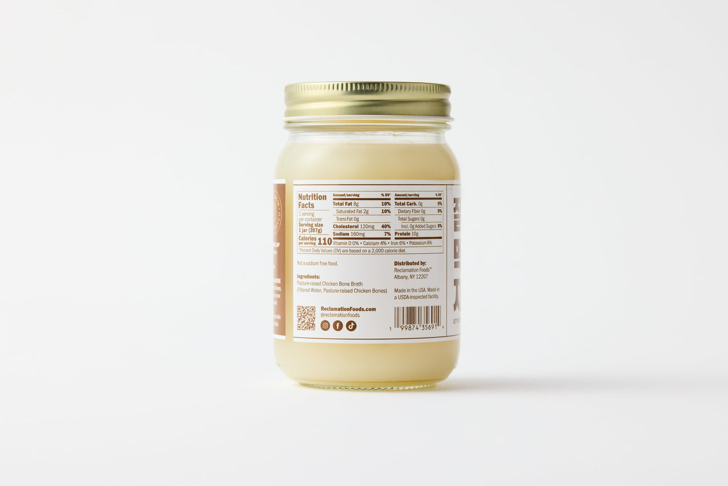 Nutrition label on back of jar of Reclamation Korean-Style Chicken Bone Broth on a white background