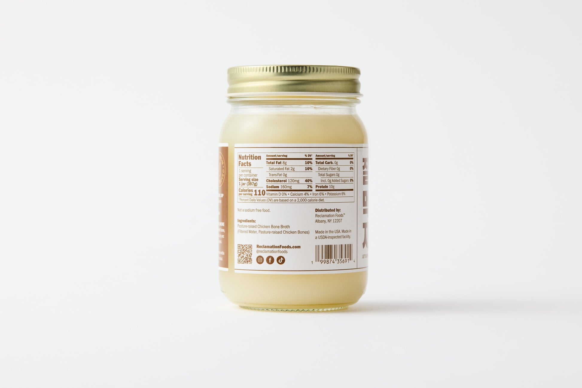 Nutrition label on back of jar of Reclamation Korean-Style Chicken Bone Broth on a white background