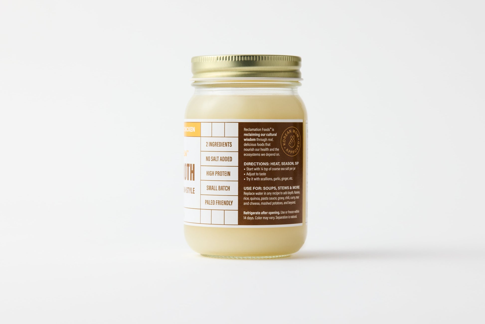 Second sideview of jar of Reclamation Korean-Style Chicken Bone Broth on a white background