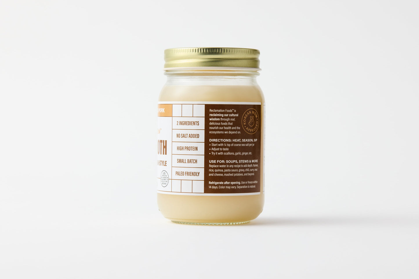 Second sideview of jar of Reclamation Korean-Style Pork Bone Broth on a white background