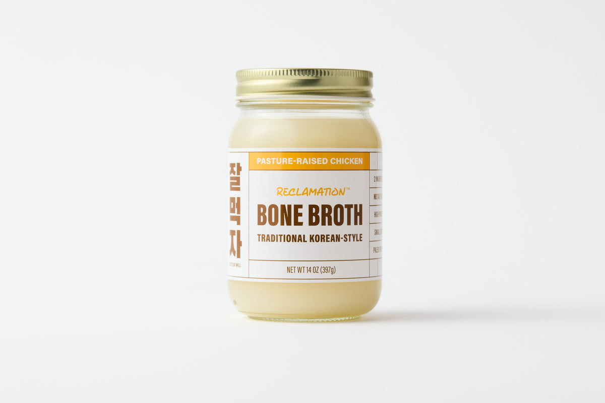 Jar of Reclamation Korean-Style Chicken Bone Broth on a white background