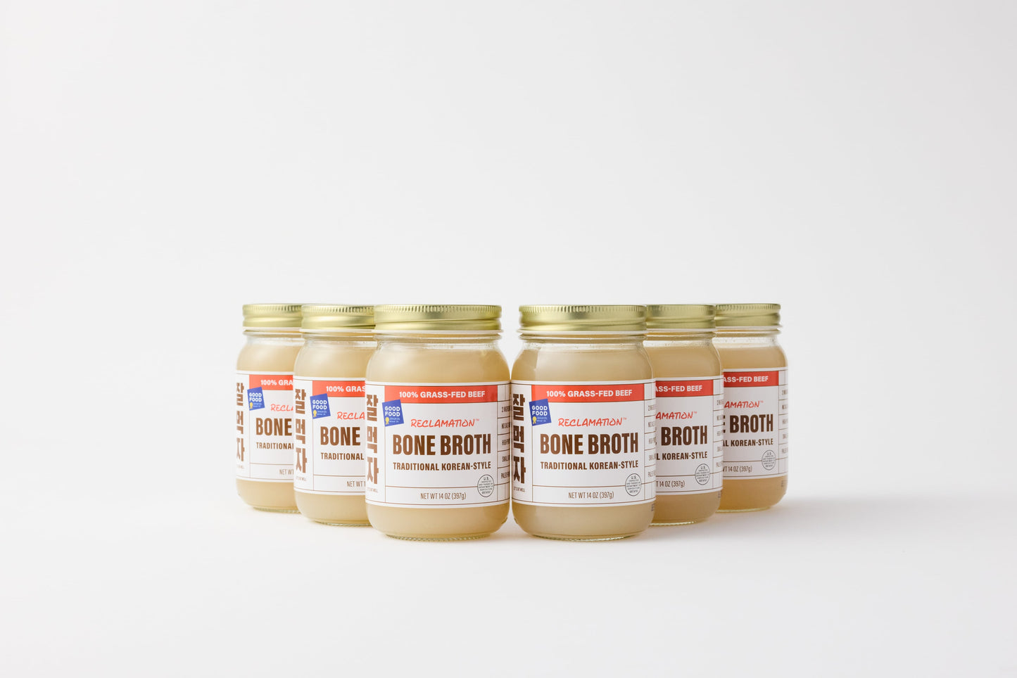 6 Jars of Reclamation Korean-Style Beef Bone Broth on a white background