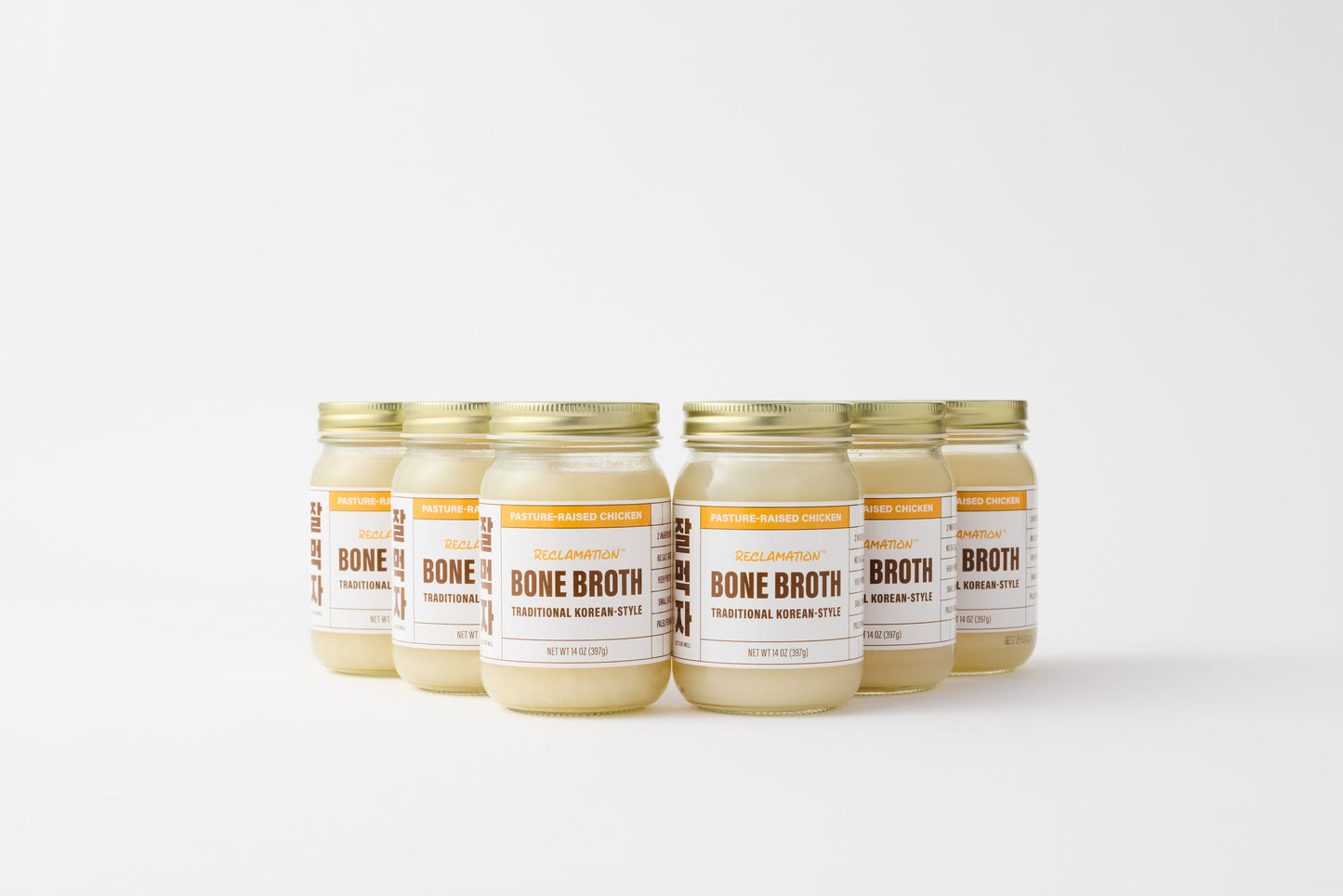 6 Jars of Reclamation Korean-Style Chicken Bone Broth on a white background